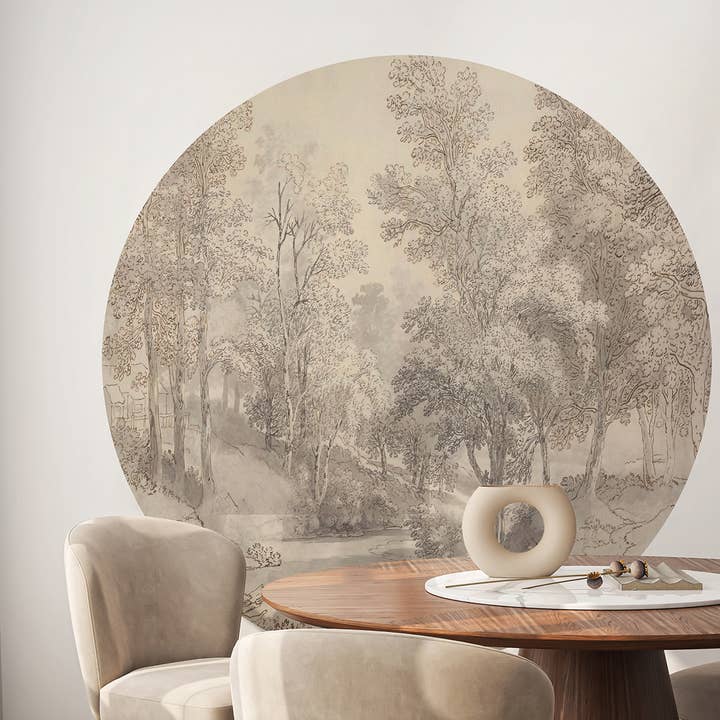 Décalcomanie murale vintage avec vue sur la rivière, fresque d'arbre pittoresque pour la vente par SimurgWallArts