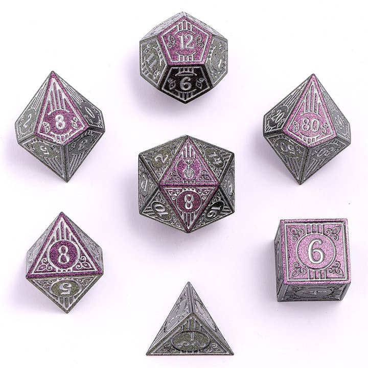 Solid Metal Bard RPG Dice Set - Glitter Purple w/Silver for wholesale by Hymgho Premium Dice