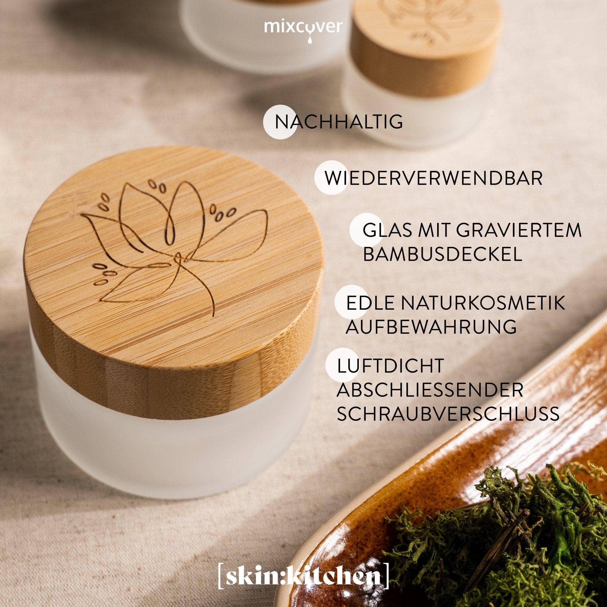 Mixcover GmbH – Großhandel Einmachglas – skin:kitchen Glastiegel mit Bambusdeckel & Gravur für selbstgemachte Kosmetik 3er Set 100g Frosted2