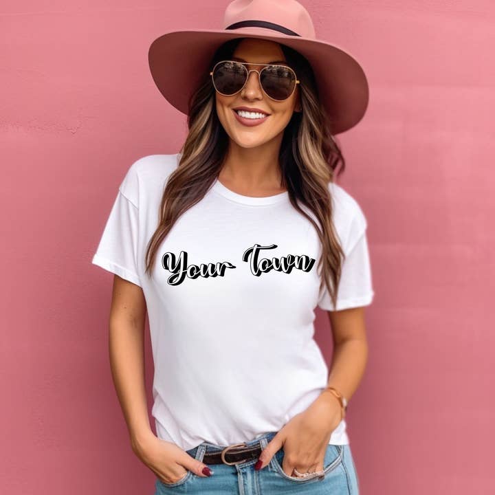 Cute Home Town Drop Shadow Tee - Custom City or Brand Print for wholesale by Bravo Glass