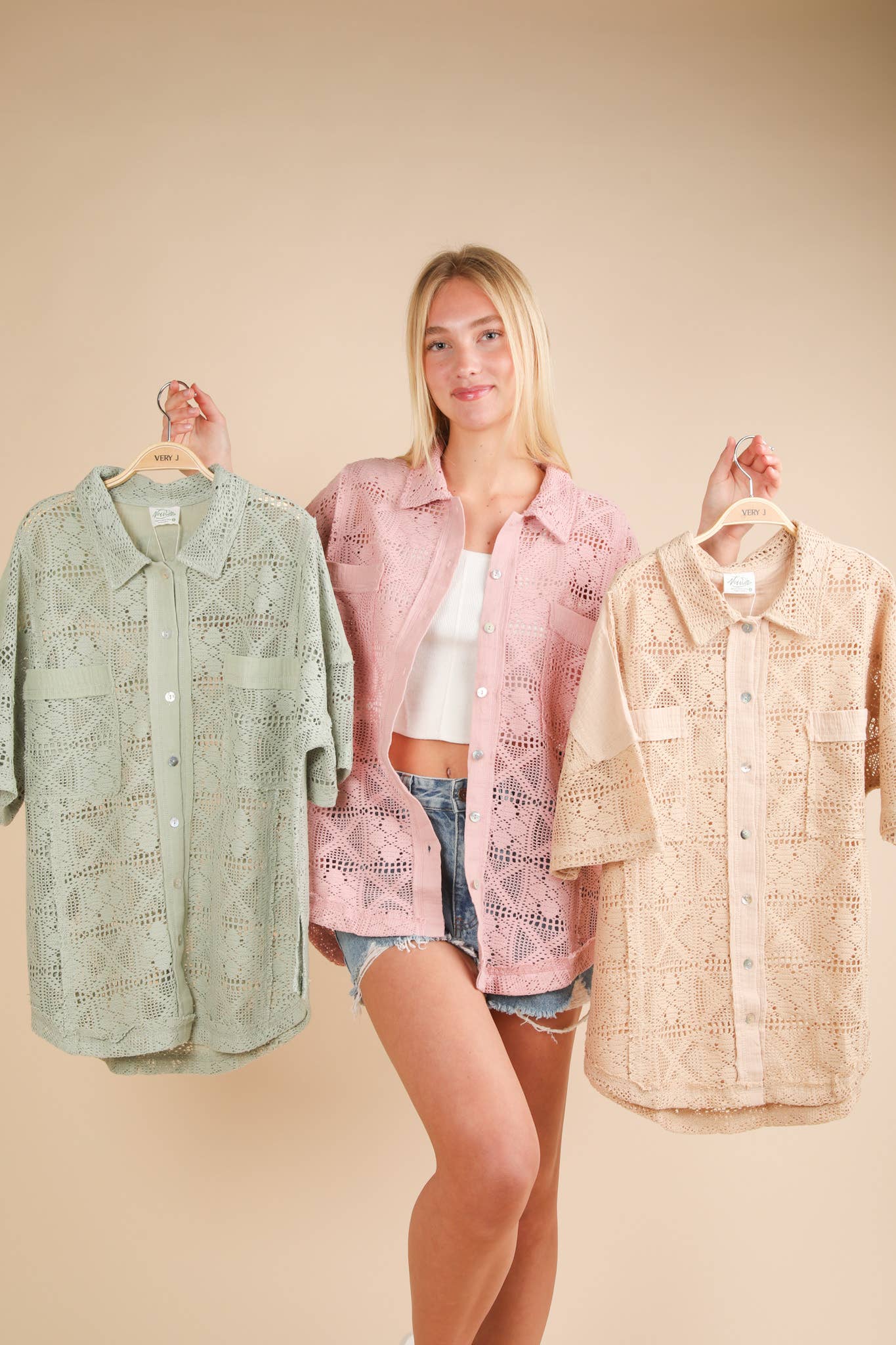VERY J - Wholesale Jacket - Women's - NT12083-Oversized Crochet Button Down Shirt Top26