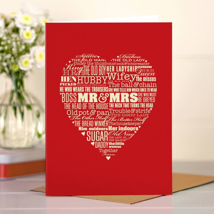 JMT115 Wedding or anniversary card, mr and mrs Heart for wholesale by The Typecast Gallery