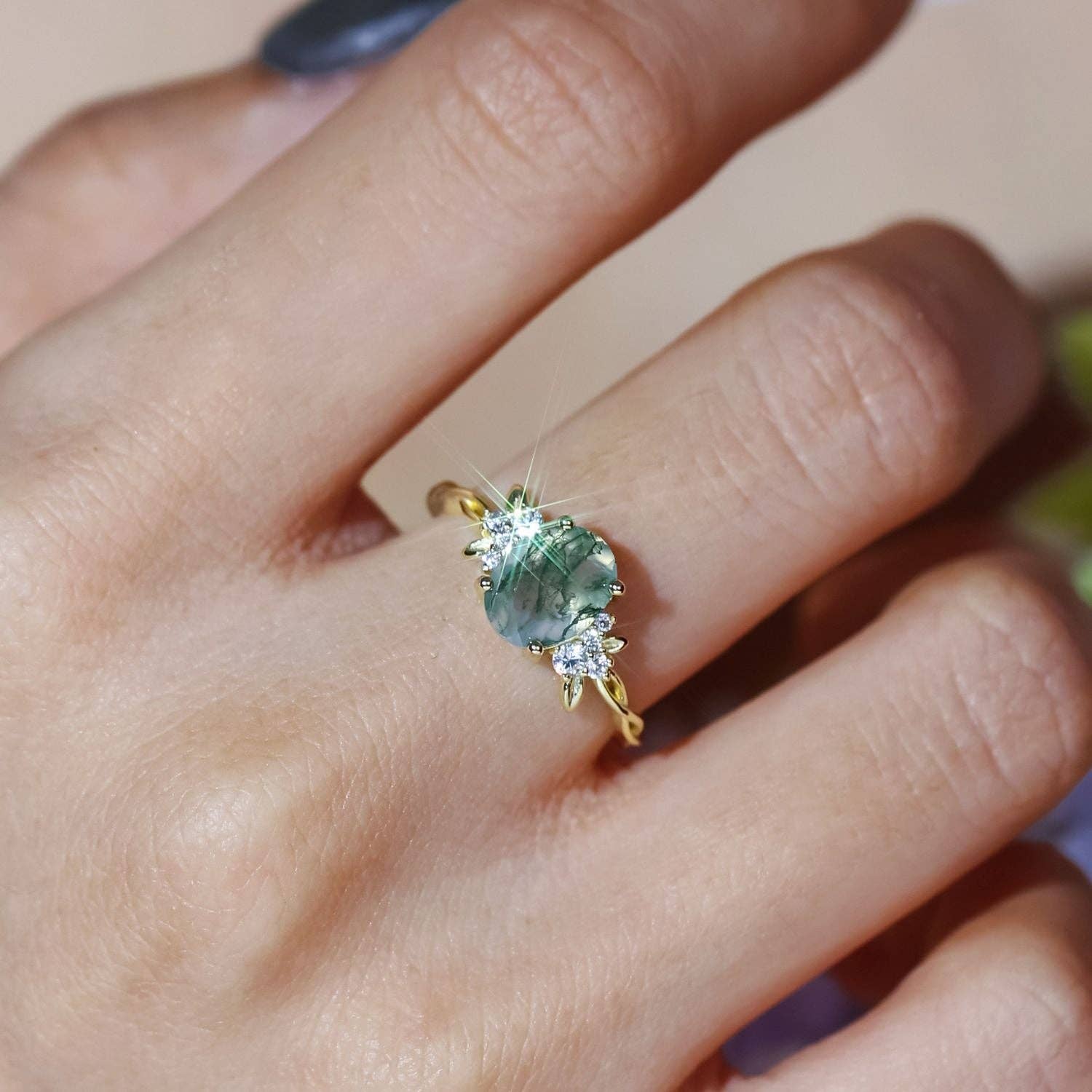 Azura Jewelry - Wholesale Band/Stacked Ring - Enchanted Garden Oval Cut Moss Agate Ring (Yellow Gold)©1