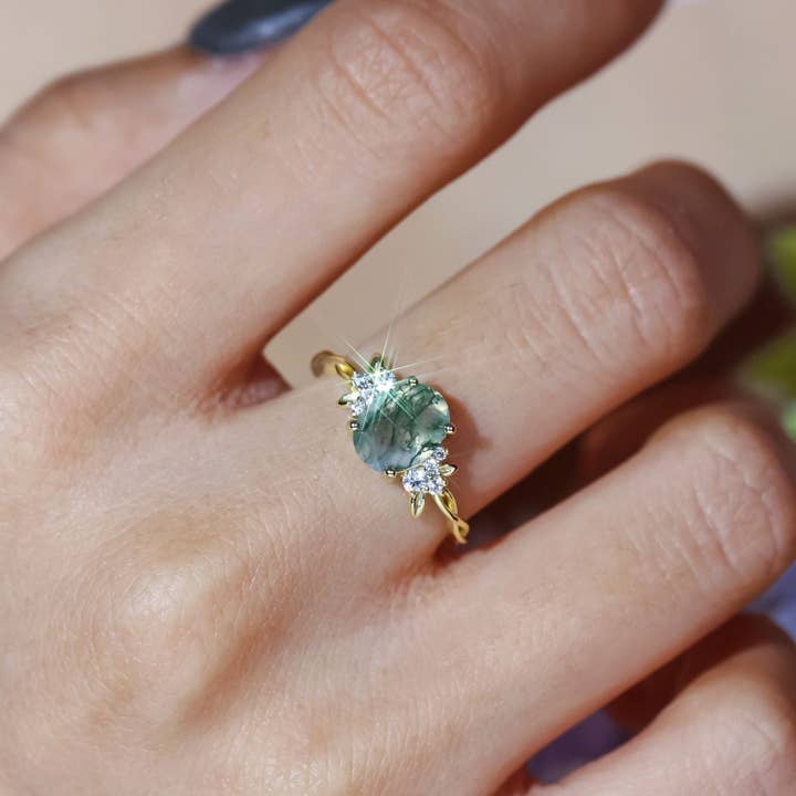 Azura Jewelry - Wholesale Band/Stacked Ring - Enchanted Garden Oval Cut Moss Agate Ring (Yellow Gold)©1