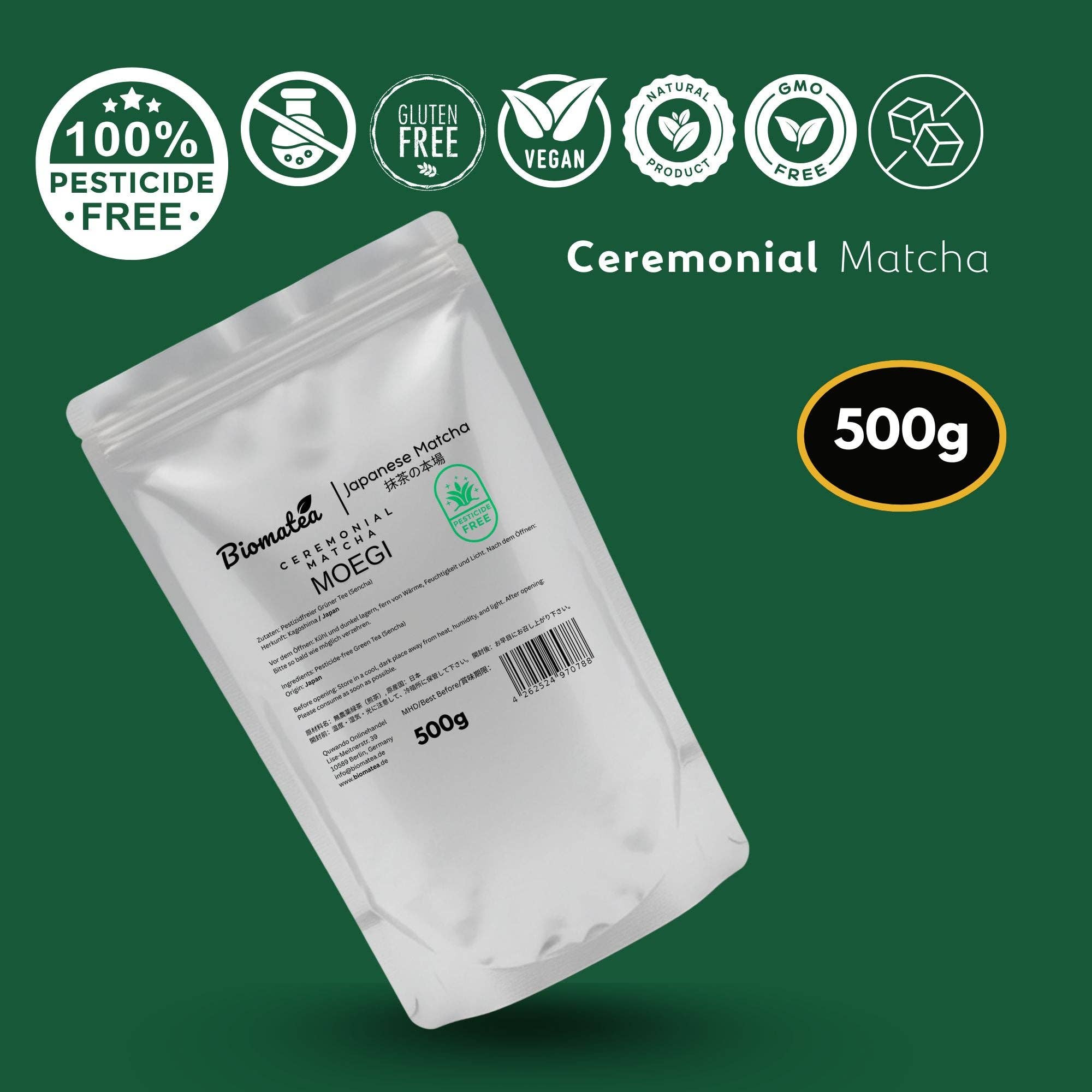 Biomatea - Wholesale Health/Detox Tea - 500g stock pack ceremonial matcha powder from Kagoshima Japan, pesticide-free matcha tea3