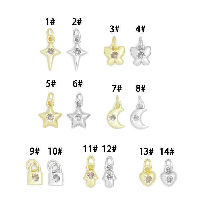 Heldere CZ Goud Zilver Ster Vlinder Halve Maan Slot Hart Bedelhanger, Sku#LX950 voor wholesale door BestBeads&Beyond