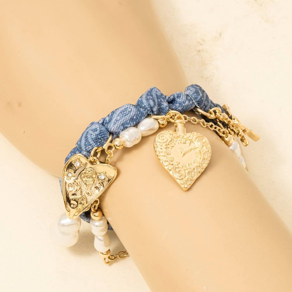 GDMBE Bracelet noué en denim avec croix, cœurs floraux et breloques de perles en vente sur Faire2
