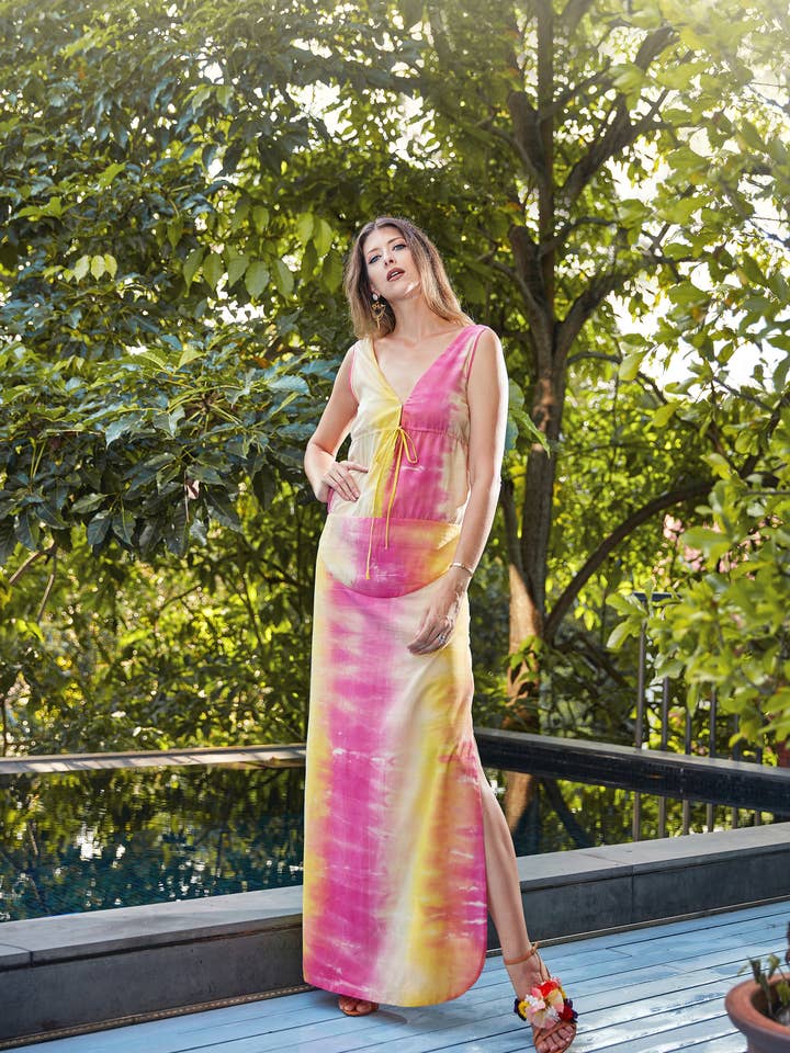 Vestido largo con cordón Olga en efecto tie dye (falda recta) para venta al por mayor de Akosée