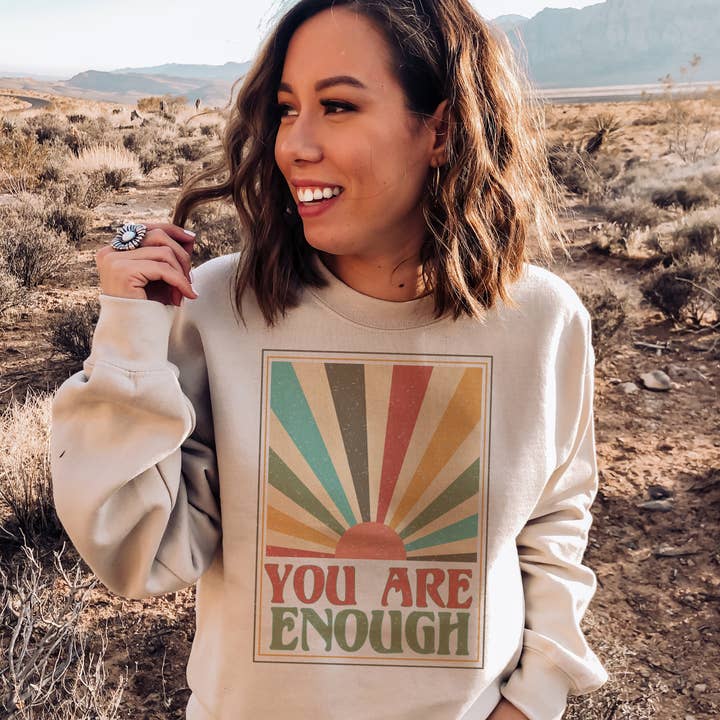 Retro Sunset You Are Enough Crewneck Sweatshirt for wholesale by DaisyChainDesignCo