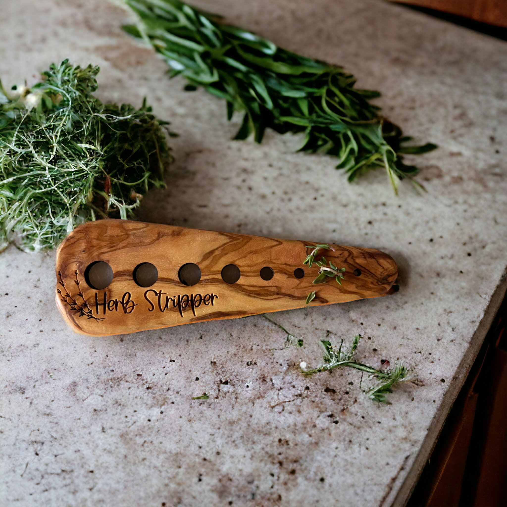 The Savvy Spade - Wholesale Kitchen Tool/Gadget - Herb Stripper - Handmade Olive Wood Herb Preparation3