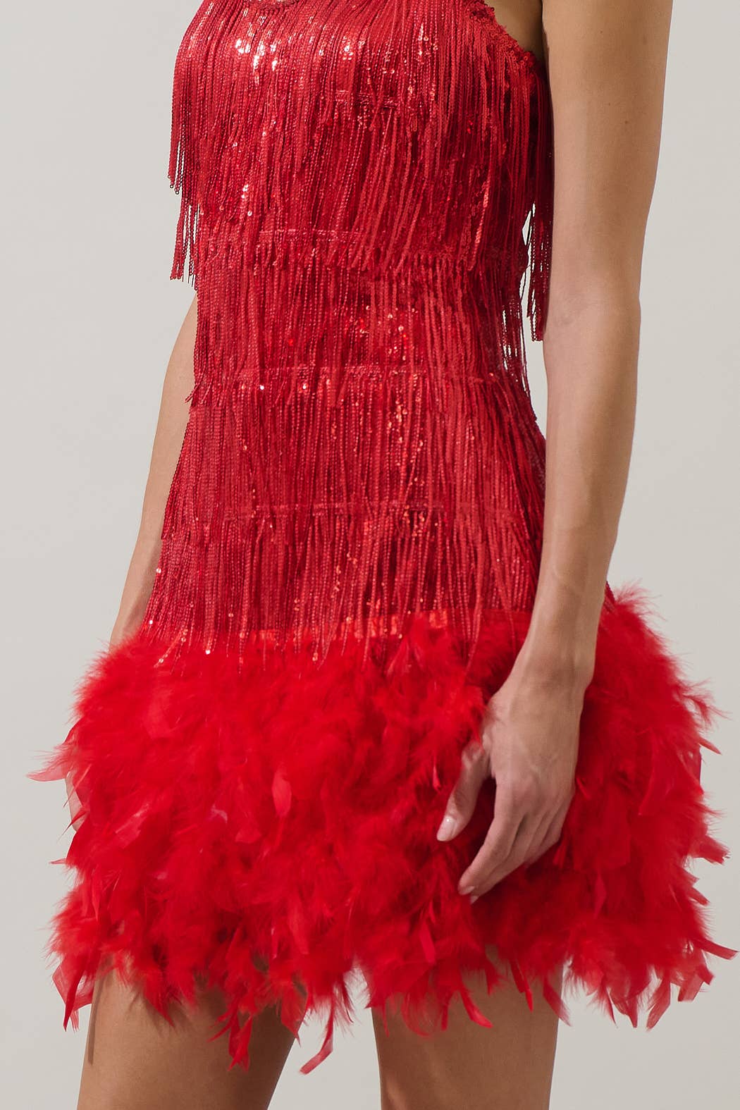 Red Camry Sequin Fringe Feather Mini Dress for wholesale on Faire5