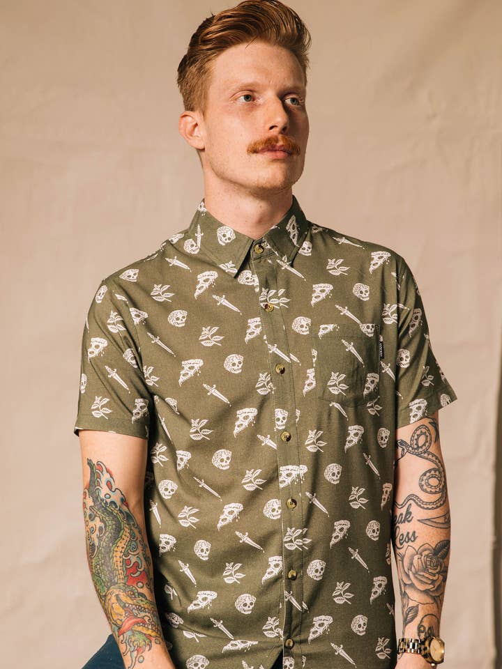 Pyknic - Wholesale Button Down Shirt - Unisex - Pizza Slayer Tattoo Flash Mens Womens Casual Button Up Shirt4