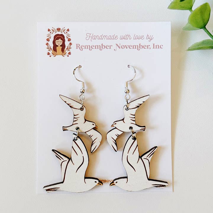 Seagull Earrings, Handmade, Birch Wood for wholesale by Remember November, Inc