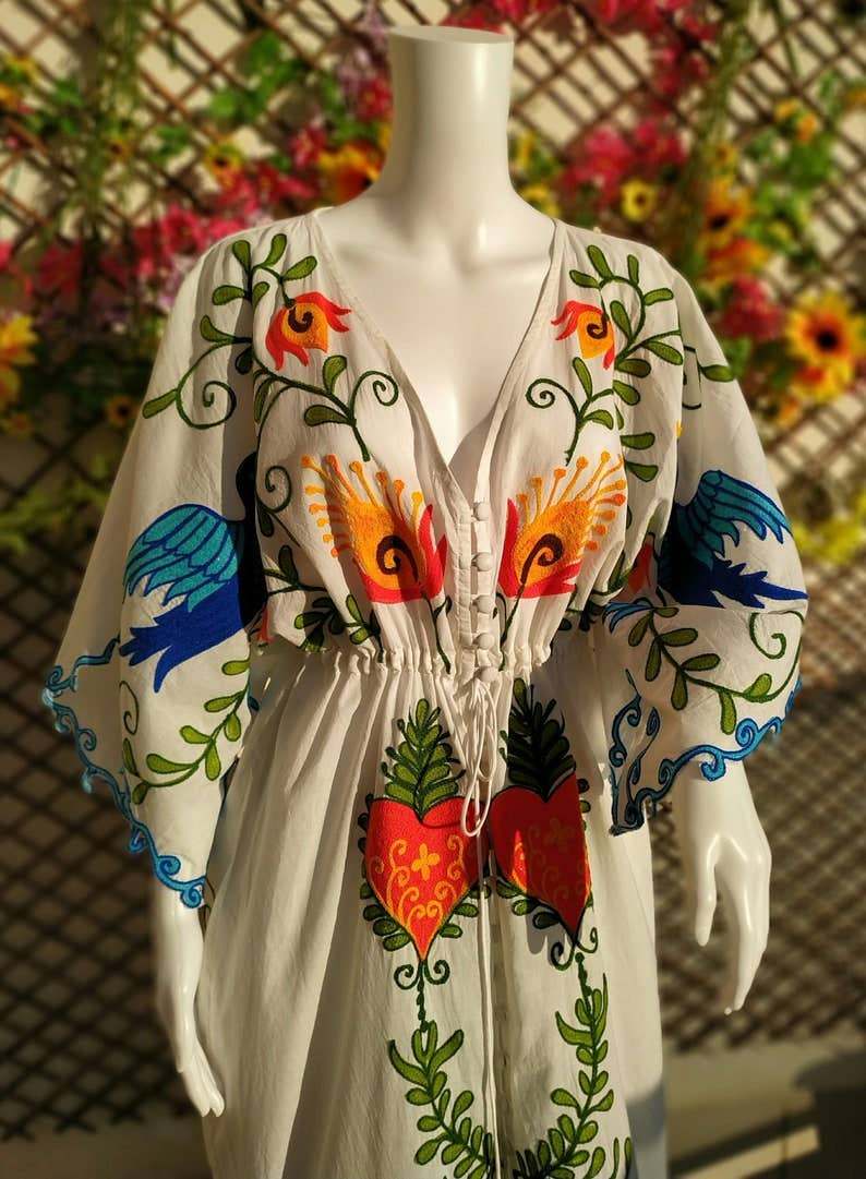 TABITHA - Vente Robe – femme - Robe cœur style bohème en coton avec broderie mexicaine3