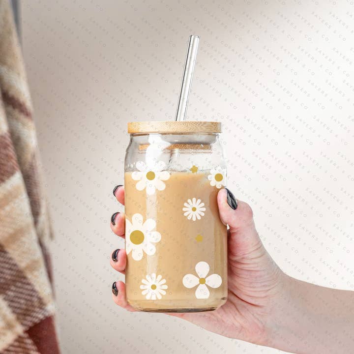 Sayers & Co. – wholesale Drinking glass/cup – 16oz Spring Flowers Glass Cup with Bamboo Lid & Straw #1001296