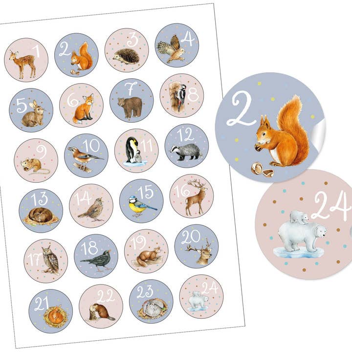 Adventskalenderzahlen WINTERTIERE BLAU ROSA 1-24 Weihnachtsa für den Großhandel von fioniony®