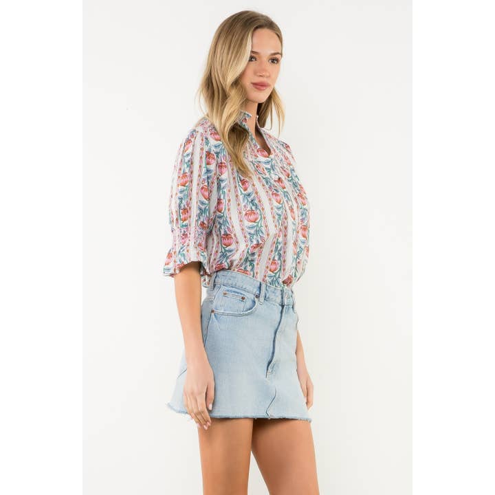 CREAM Smocked Neck Puff Sleeve Floral Top for wholesale on Faire