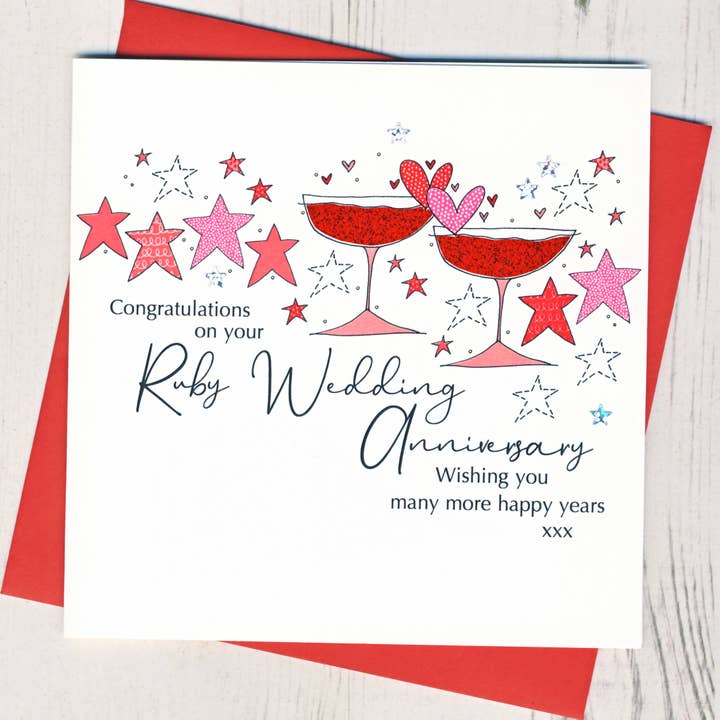 Ruby Wedding Anniversary Card - Champagne Glasses Design for wholesale by Eggbert & Daisy