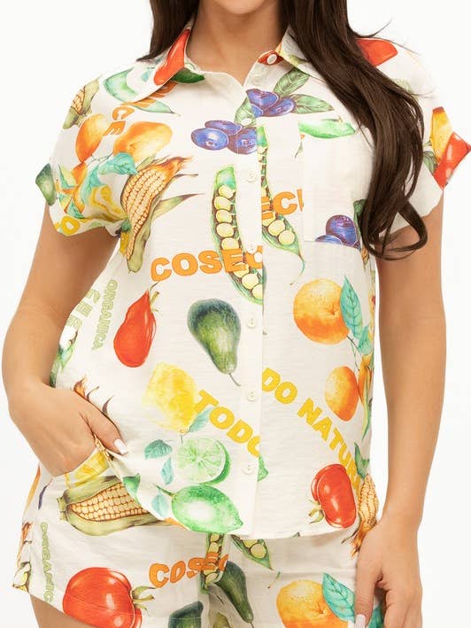 Plus Fruit Print Button-Down-Top und Shorts-Set für den Großhandel von New Trend On