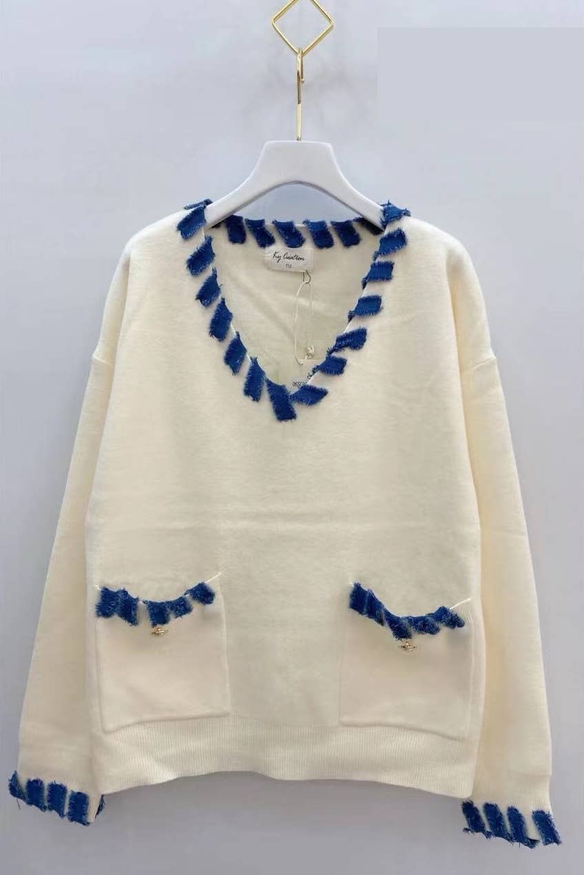 KY CREATION PARIS - Wholesale Knit Sweater - Women's - Long sweater with denim finishes0