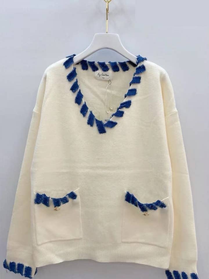 KY CREATION PARIS - Wholesale Knit Sweater - Women's - Long sweater with denim finishes