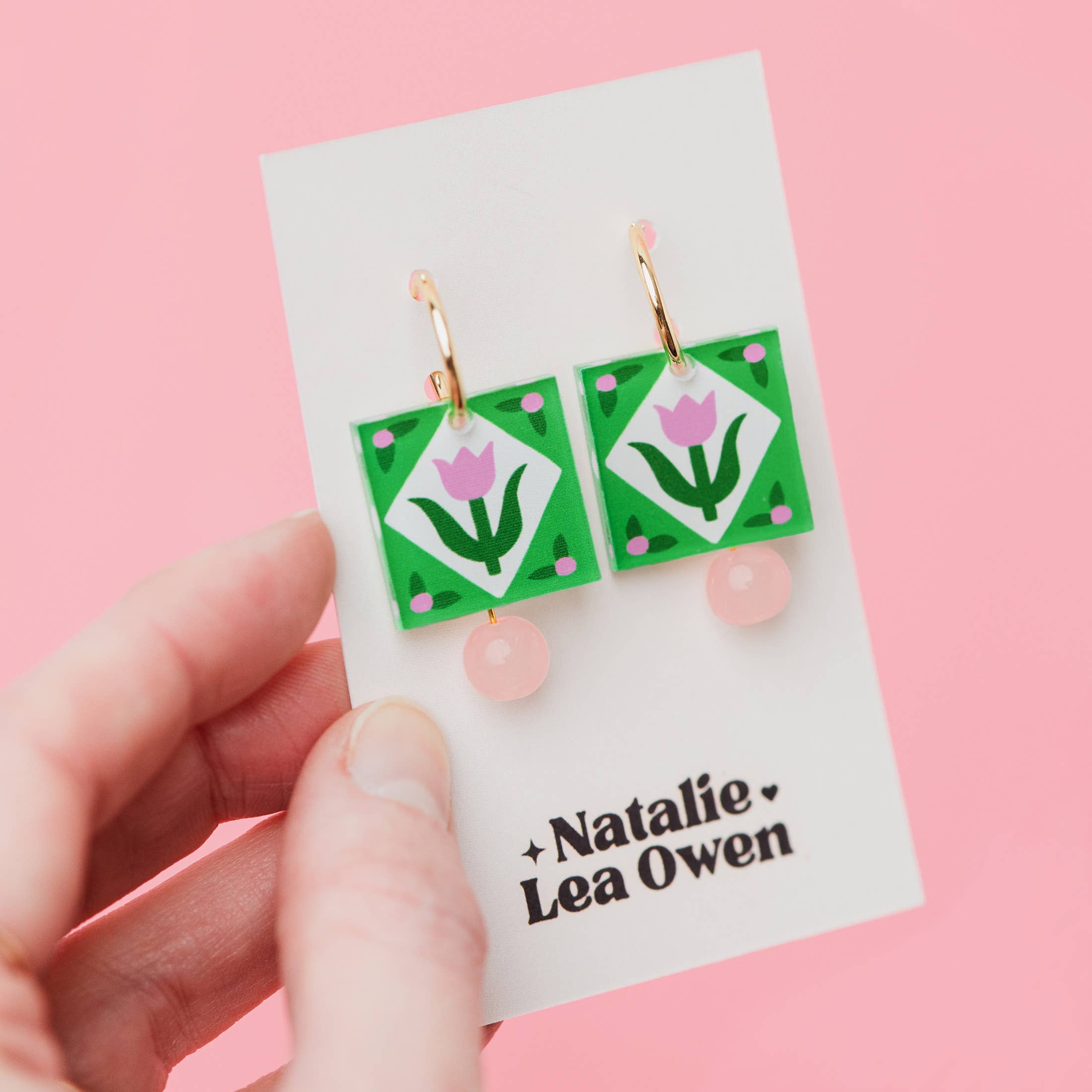 Natalie Lea Owen – Handmade Jewellery & Greeting Cards - Wholesale Dangle Earrings - Hoop Earrings | Green Folk Floral Square Charm | Jewellery1