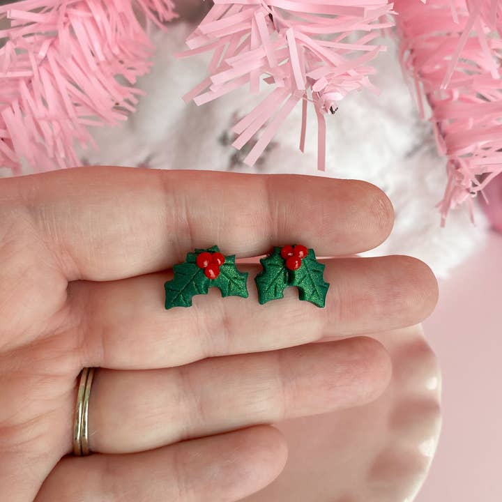 Holly Leaves & Berries Studs for wholesale by fireflyFrippery
