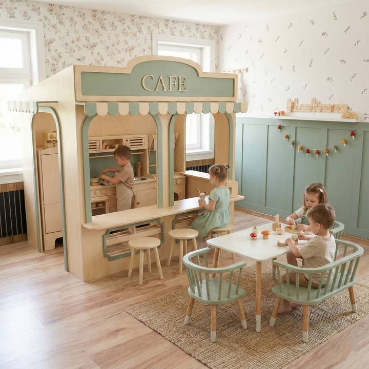 Casa de Brincar em Madeira Premium – Conceito de Café Totalmente Personalizável 4×6 pés por atacado de Kids Wood Store U.S. / EU.