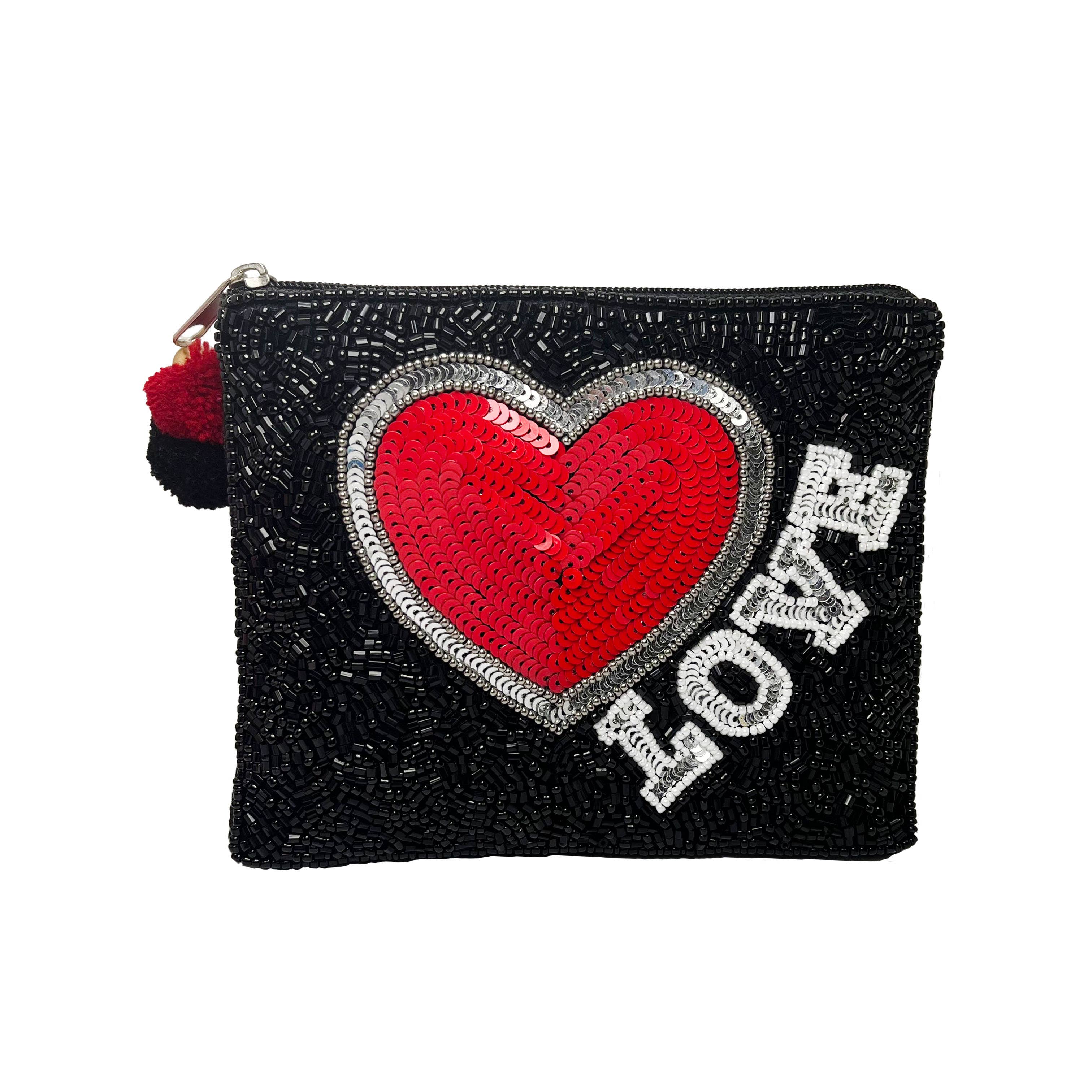 Red Heart Seed Bead Coin Purse