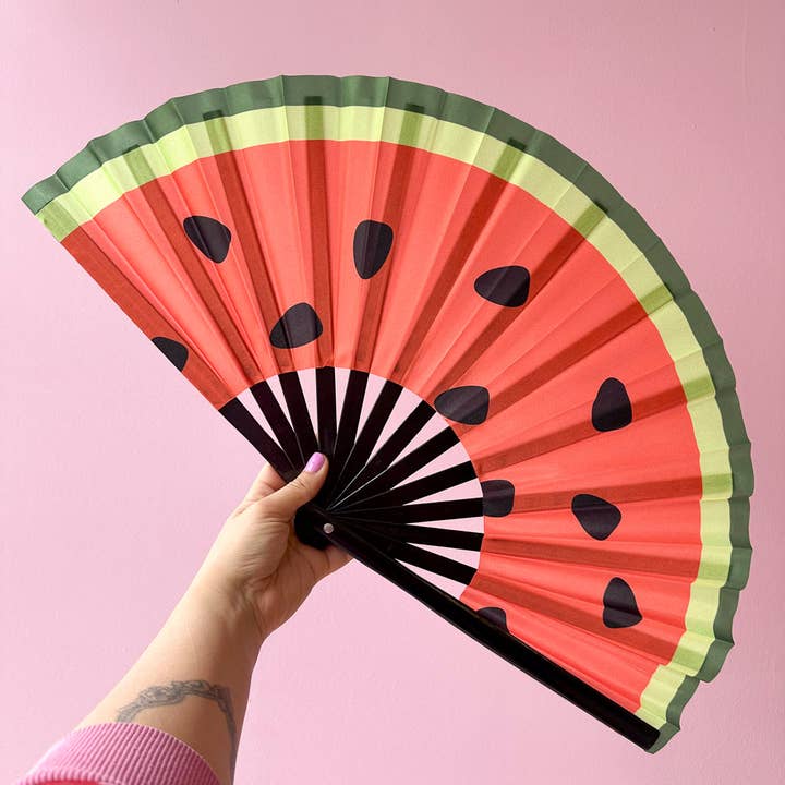 Esoteric London – wholesale Handheld folding fan – Giant Clacking Hand Fan with Watermelon print (Glows in UV!)