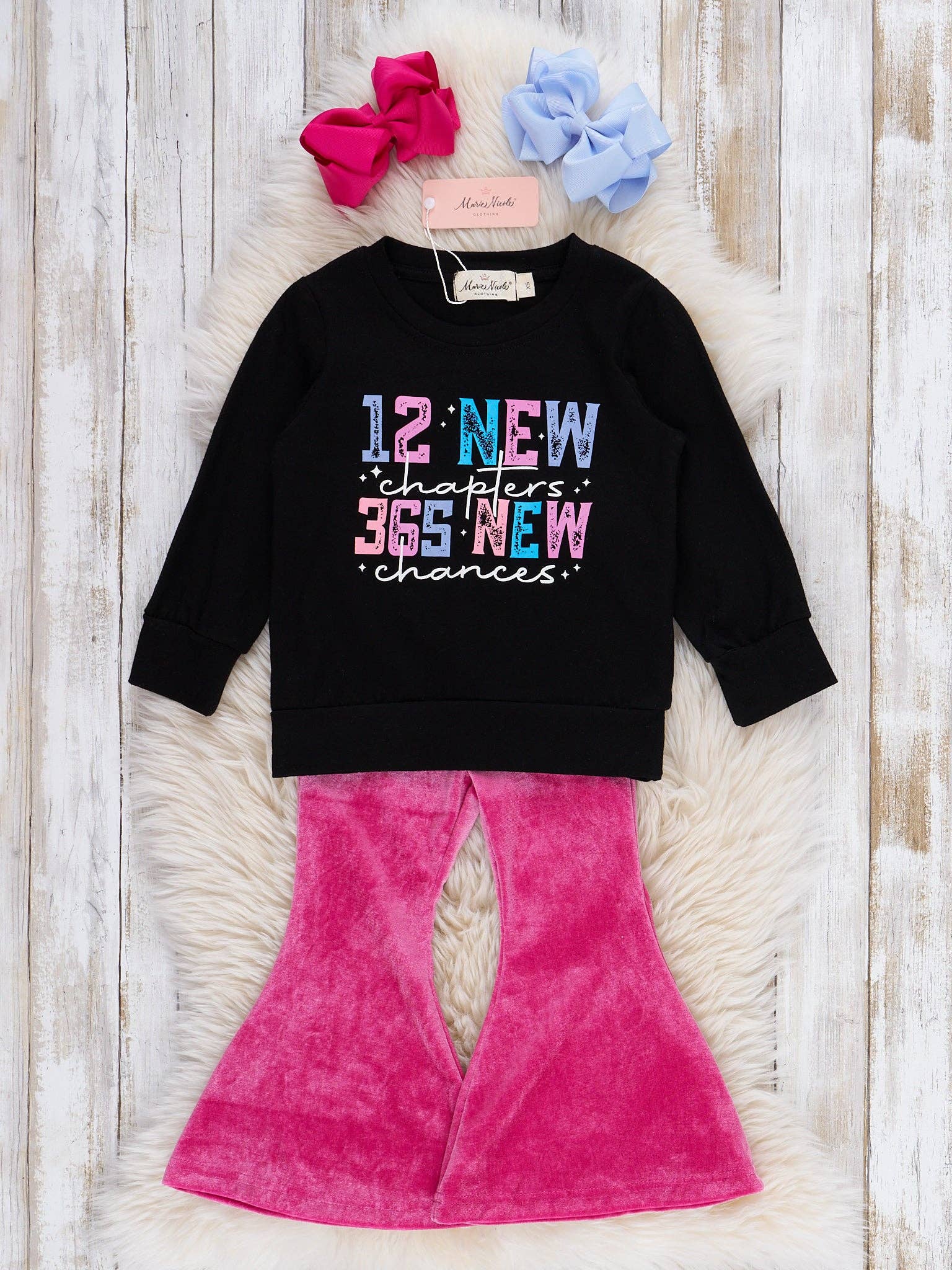 Marie Nicole Clothing - Wholesale Top & Pant Set - Kids - "12 New Chapters, 365 New Chances" Velvet Bell Bottom Outfit0