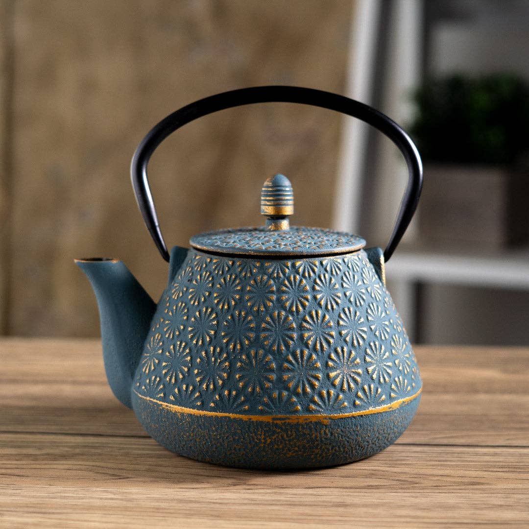 Urban Tokyo - Wholesale Tea Pot - Teal Blue Plum Flower 32oz Cast Iron Tea Pot (1/8)1