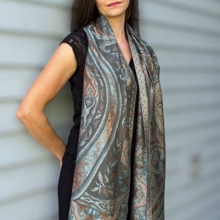 Rayz Intl - Wholesale Scarf - Women's - Teal and Gold Modal Silk Jamawar Pashmina