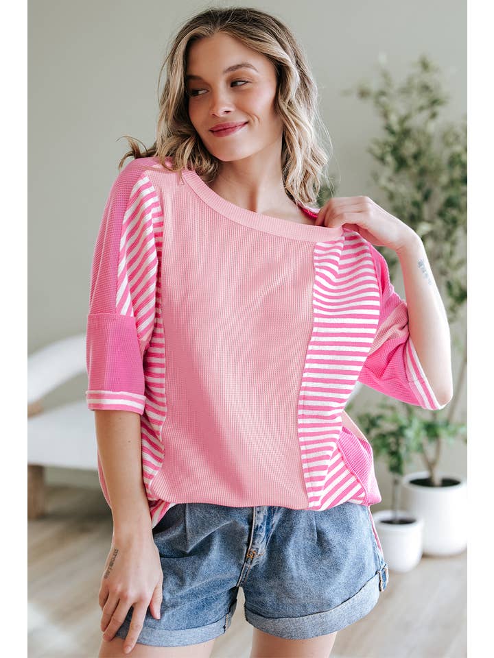 Stripe Color Block Patchwork Loose Half Sleeve T Shirt for wholesale on Faire