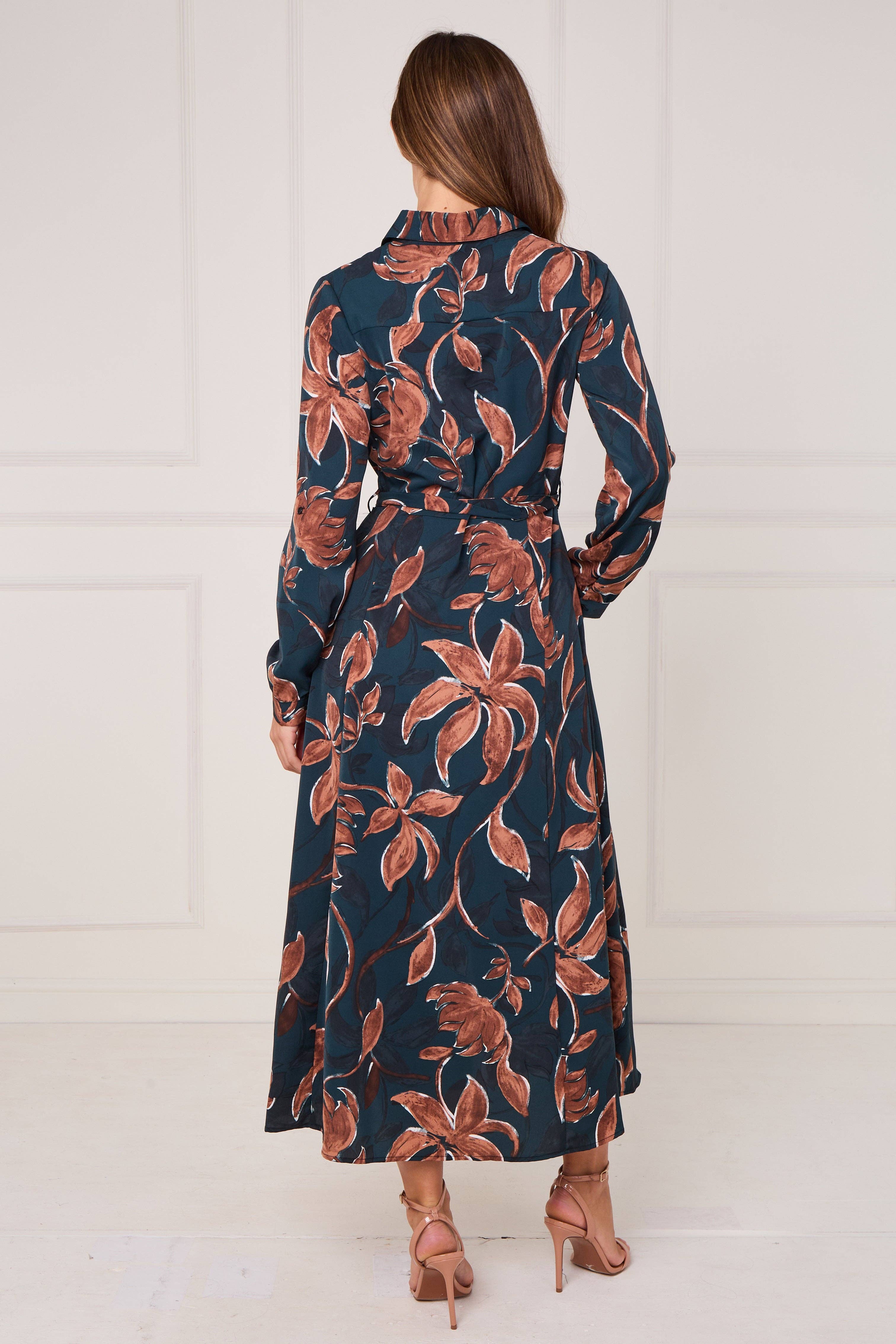 brown Teal and Chestnut Floral Print Maxi Shirt Dress for wholesale on Faire6