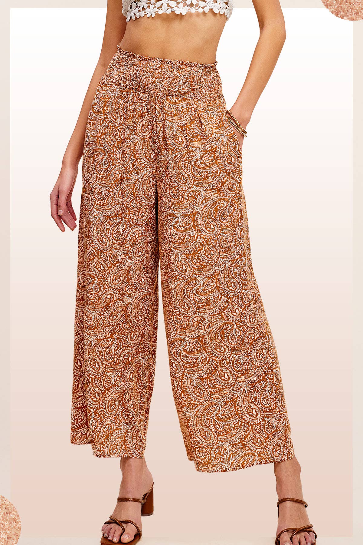 La Miel - Wholesale Pants - Women's - JCP4225-Boho Paisley Print Wide Leg Flowy Pants with Pockets12