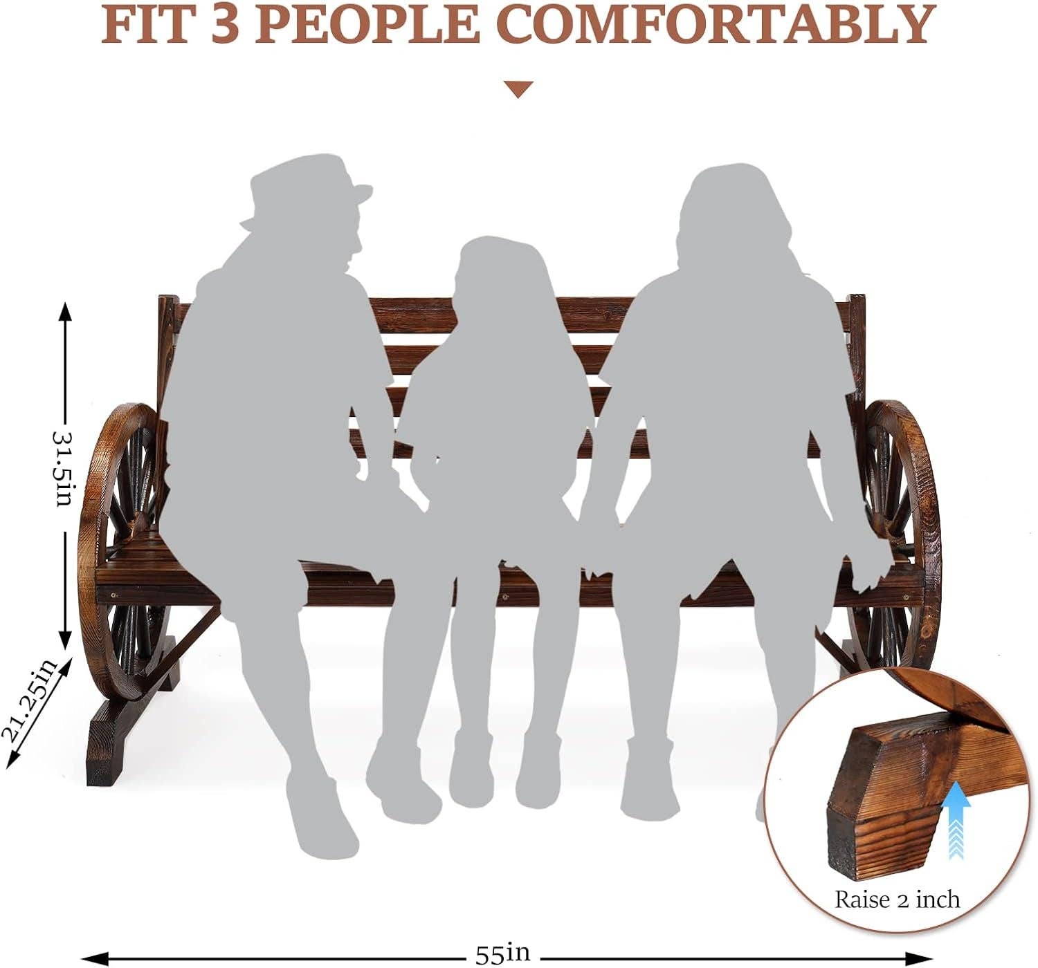 Rustic Wooden Garden Bench with Wagon Wheel Arms for wholesale on Faire2