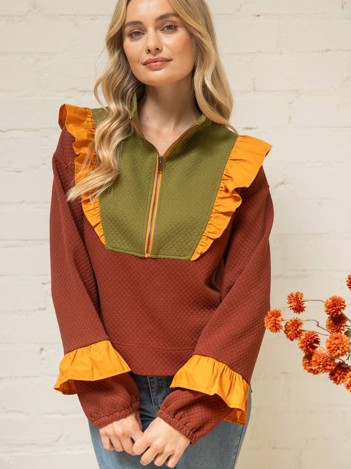 36074 Quarter Zip Color Block Textured Knit Top for wholesale by VOY