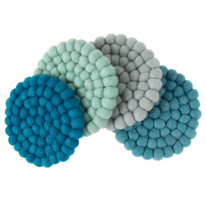 Teal Tonal Felt Ball Coasters, Set of 4 for wholesale by Global Crafts