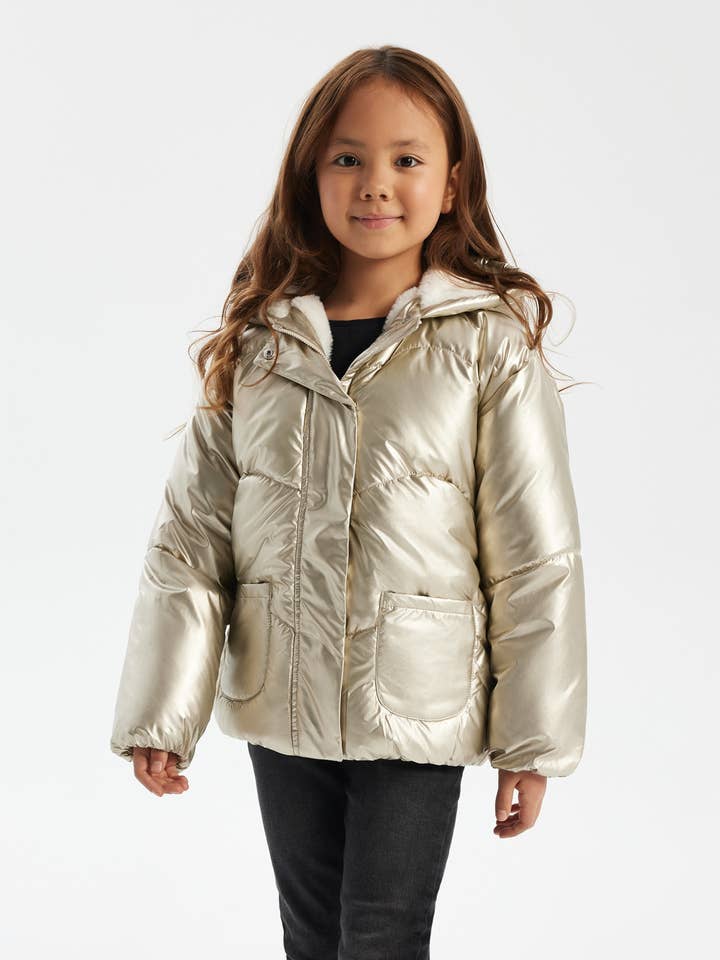 Girls Metallic Padded Gold Jacket with Fur Hood for wholesale by Minoti sp. z o.o.