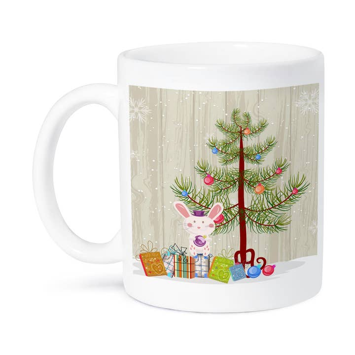 3dRose, Julhelgkanin och dekorerad julgran med presenter Faux Wood Grain Whimsical Cartoon, Mugg för wholesale av 3dRose