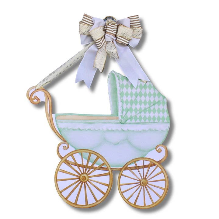 Green Baby Carriage Door Hanger for wholesale by Front Porch Elegance