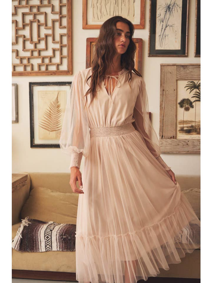 in february - Wholesale Dress - Women's - ROMANTIC IN DELICATE SHEER MESH V-NECK MIDI DRESS
