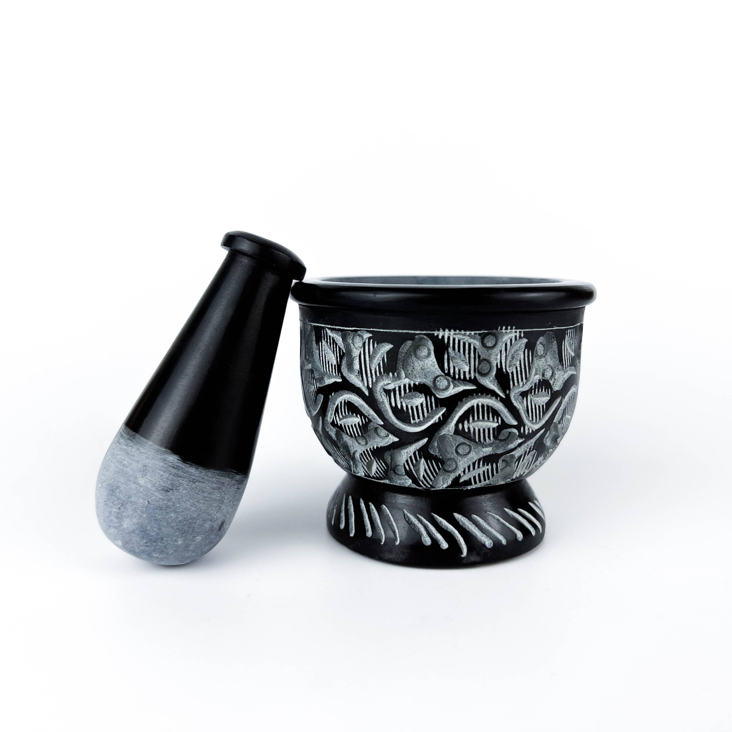 GREENROOTS USA LLC - Wholesale Mortar & Pestle - Black Carved Soapstone Mortar & Pestle 2.5"H, 3"D4