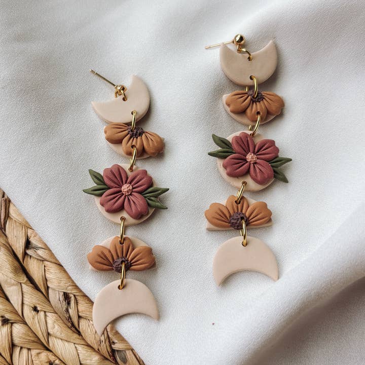 Placed by Grace - Wholesale Dangle Earrings - Fall Floral Moon Phase Earrings, Cottagecore, Celestial0