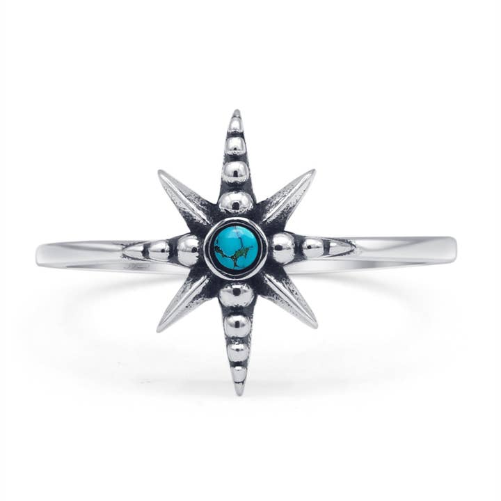 Round Turquoise Starburst Ring Oxidized for wholesale by Blue Apple Imports