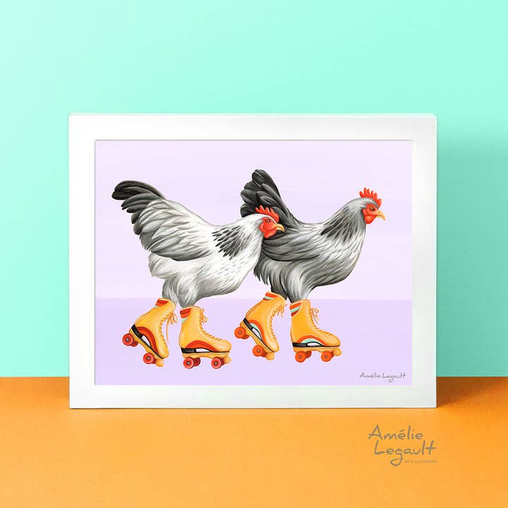 Hens Roller Skating Art Print for wholesale by Sardines Studio