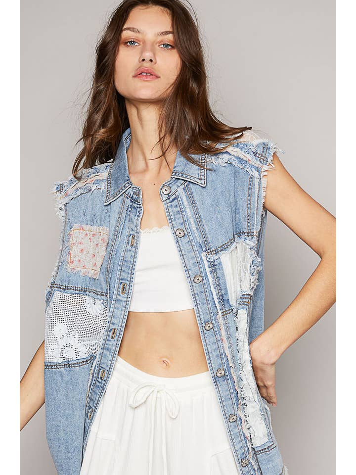 Pol Clothing - Wholesale Denim Jacket - Women's - Sleeveless crochet lace floral patch denim jacket