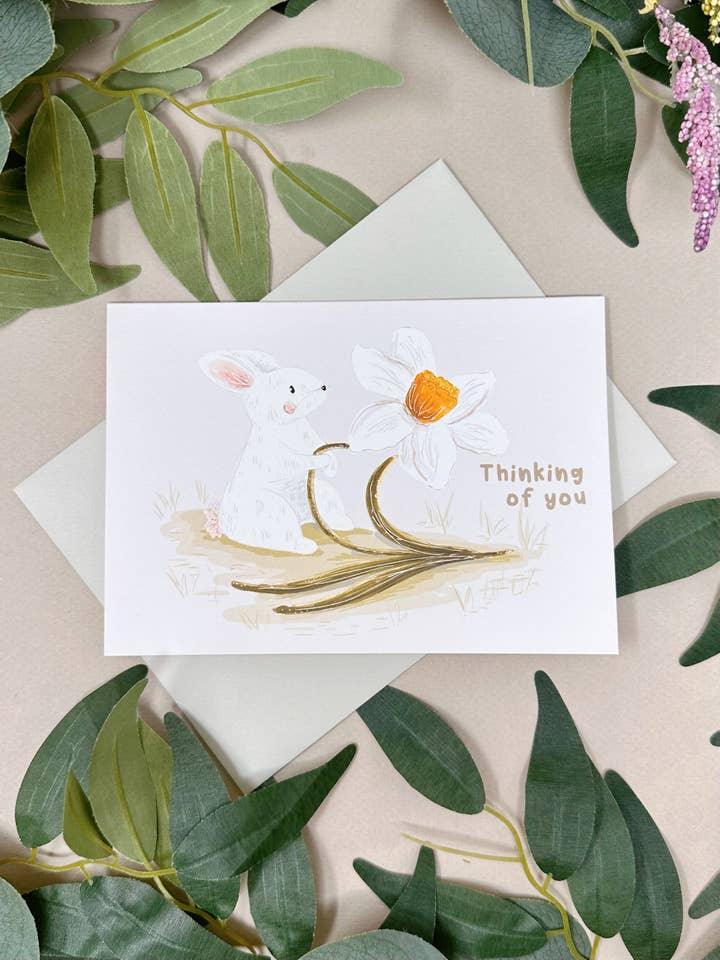 Bunny Daffodil Thinking Of You Card for wholesale by Just Smile Designs