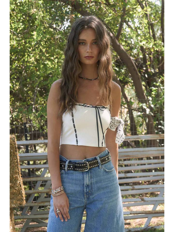 The Workshop Studio - Wholesale Knit Top - Women's - LACE TRIM FRONT TIE SPAGHETTI STRAP KNIT CROP TOP-BACKORDER